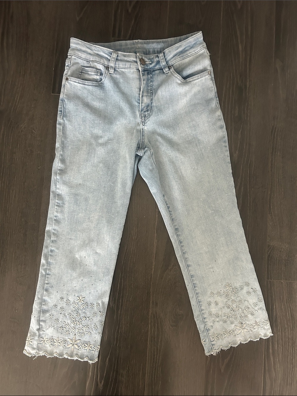 Laura Straight Leg Cropped Jeans with Floral Embroidered Hem